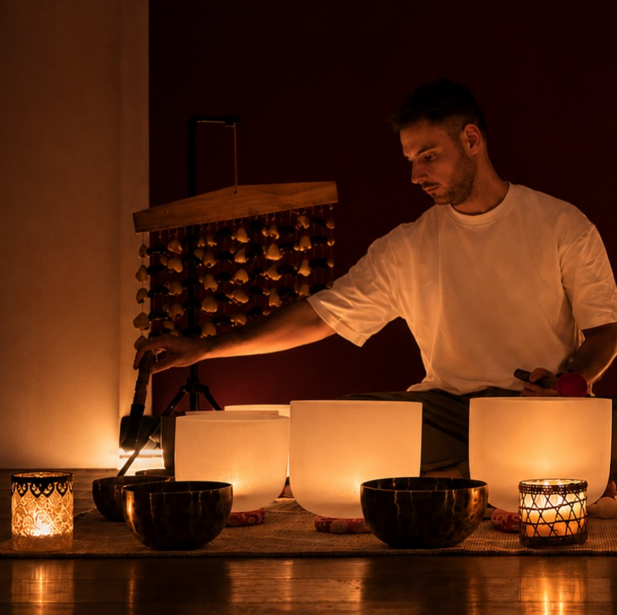 Vassilis, founder of Sacred Fusion, playing crystal singing bowls by candlelight